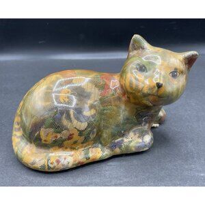 VTG Patchwork Floral Flower Ceramic Glazed Porcelain Fabric Decoupage Cat